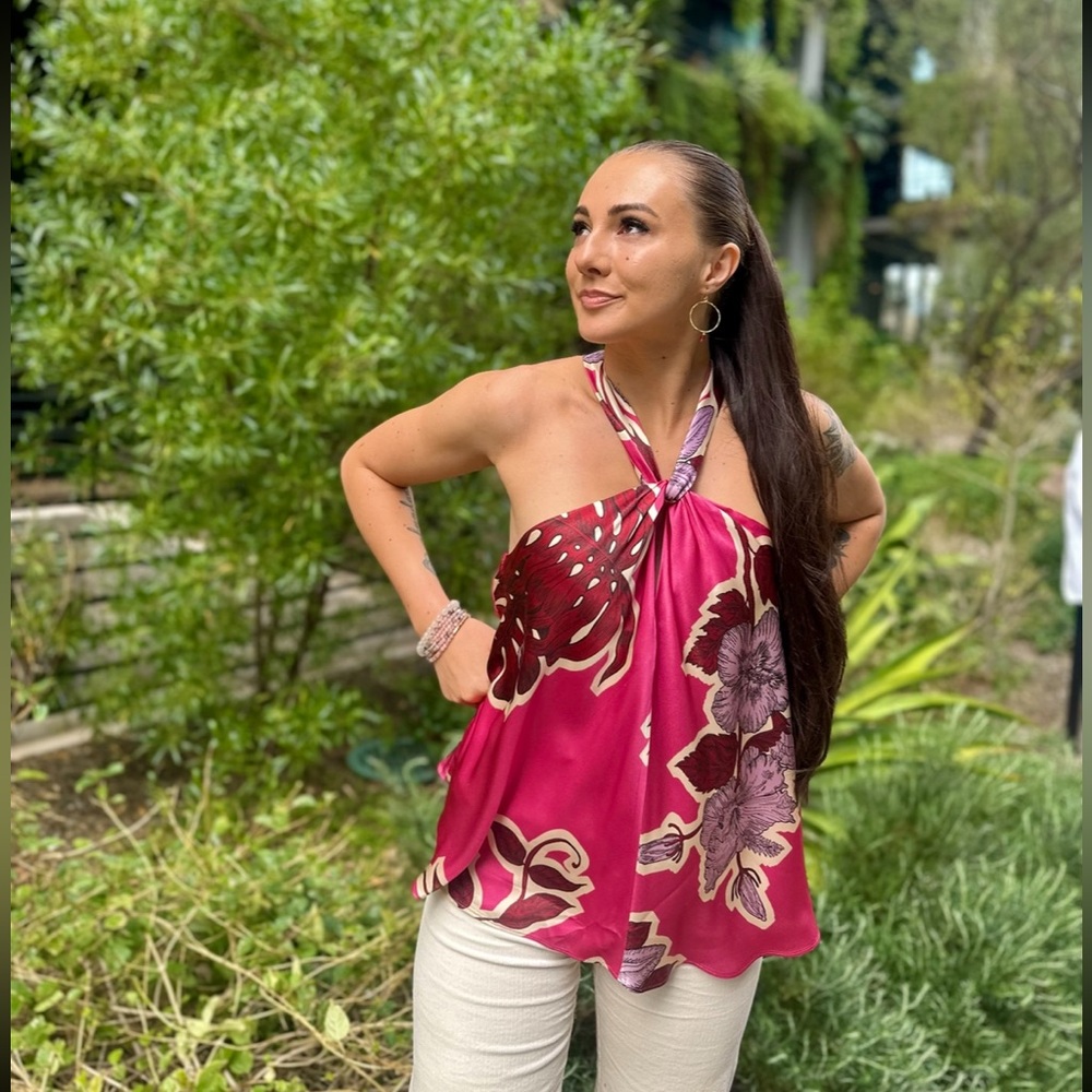 100% Silk Banana Republic Celestial Silk Floral Halter Neck Top - Pink